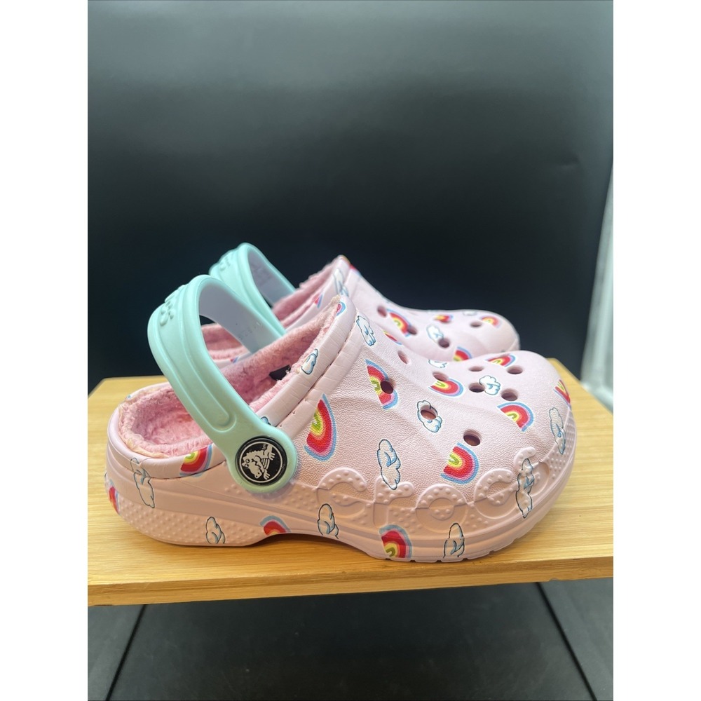 Crocs Baya Lined Printed Clog Kid Rainbow Pink Slip On Lightweight Comfort Sz 9